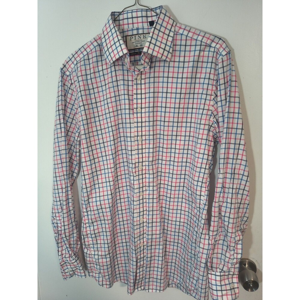 Thomas Pink Shirt Mens 15.5 39cm Plaid Design Slim Fit Button Up Collared Shirt